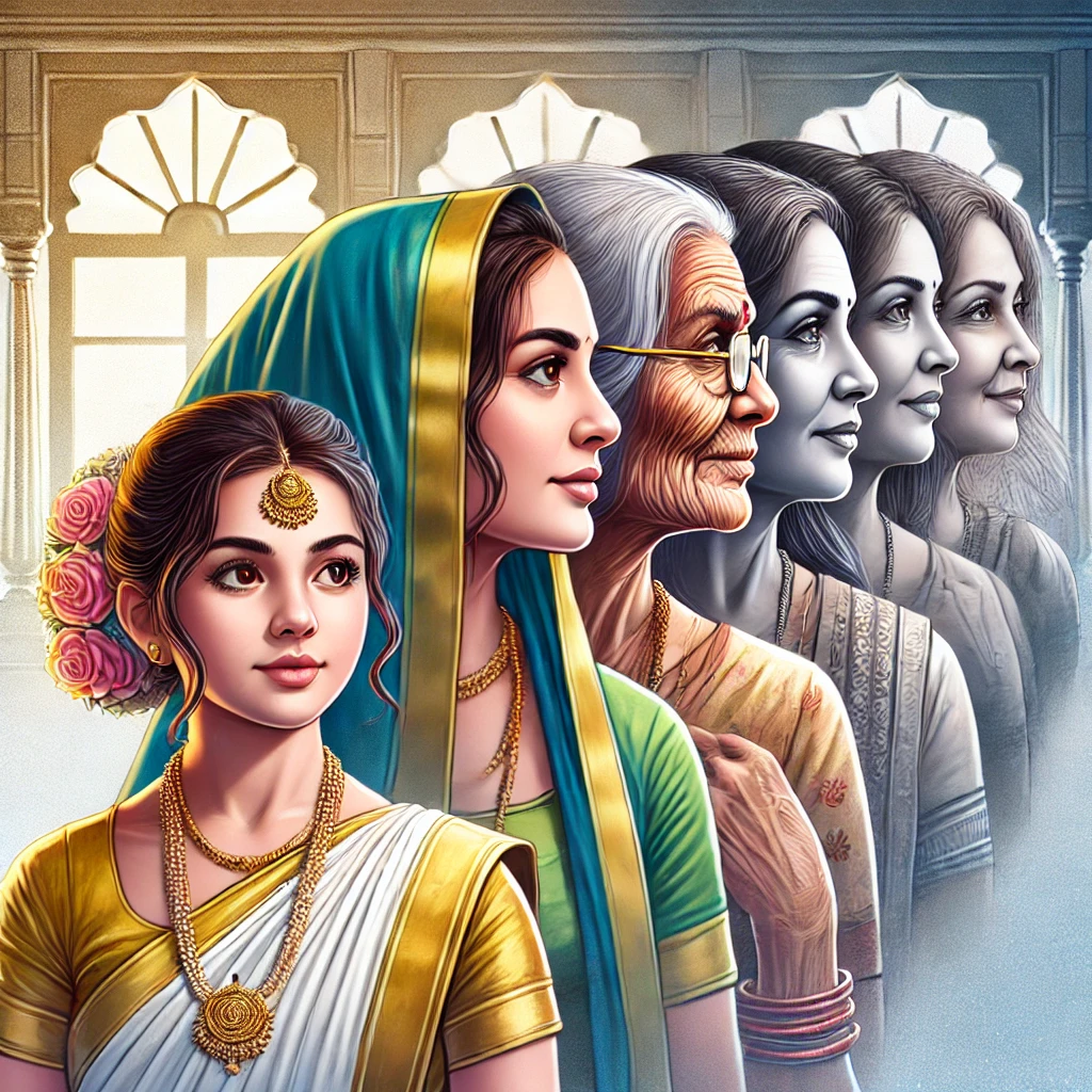 DALL·E 2025 03 25 19.34.53 – An Artistic Illustration Of An Indian Daughter In Law Transforming Into A Mother In Law Over Time. The Image Symbolizes The Cycle Of Family Relationsh