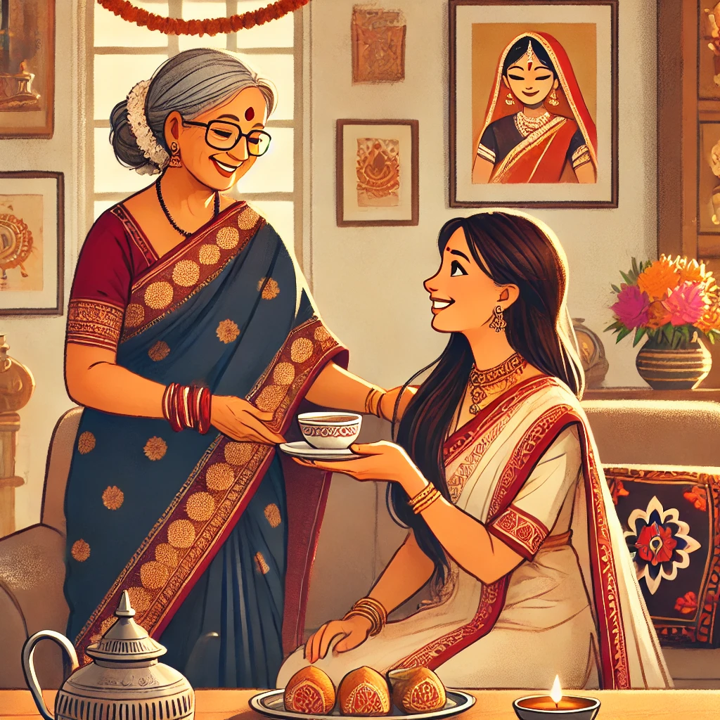 DALL·E 2025 03 25 19.57.22 – A Traditional Indian Family Scene Featuring A Mother In Law And Daughter In Law In A Warm, Friendly Interaction. The Mother In Law, Dressed In A Saree