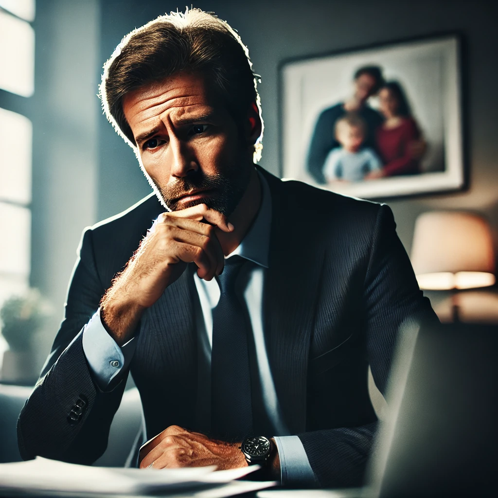 DALL·E 2025 03 25 23.13.19 – A Middle Aged Man, Around 47 Years Old, Sitting Alone In His Office With A Thoughtful And Worried Expression. He Is Dressed In Formal Business Attire,