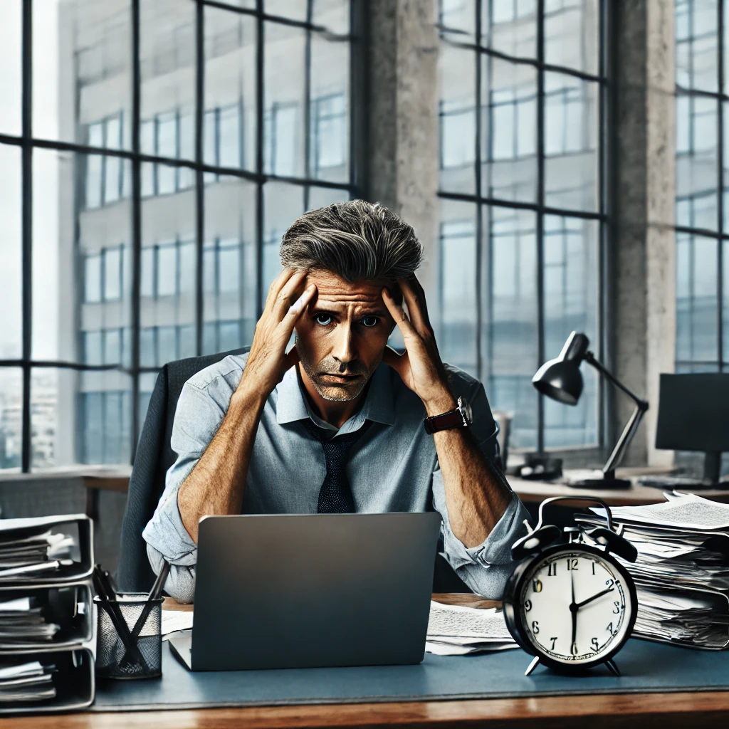 DALL·E 2025 03 26 13.53.35 – A Middle Aged Man, Around 48 Years Old, In A Corporate Office Setting. He Looks Stressed And Overwhelmed, Sitting At His Large Executive Desk Cluttere