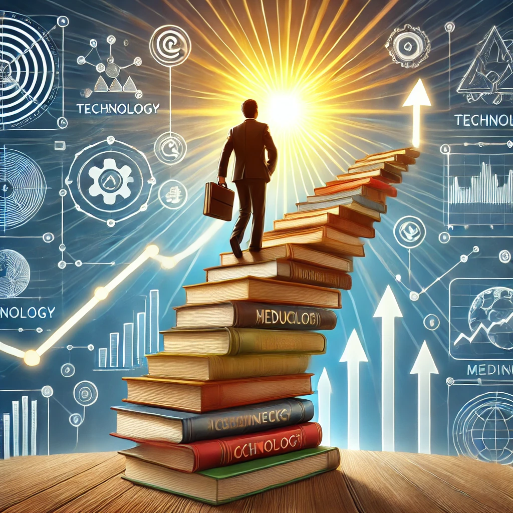 DALL·E 2025 03 26 19.48.10 – A Concept Illustration Of Career Development, Showing A Professional Climbing A Staircase Made Of Books, With Various Career Paths Branching Out, Such