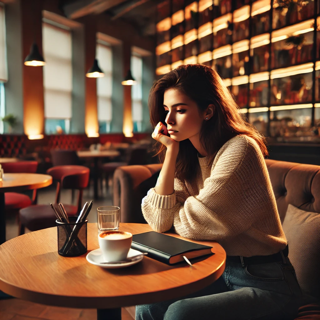 DALL·E 2025 03 27 19.30.43 – A Young Woman Sitting Alone In A Café, Deep In Thought. She Appears To Be Contemplating Life, With A Journal And Pen On The Table Beside A Cup Of Coff