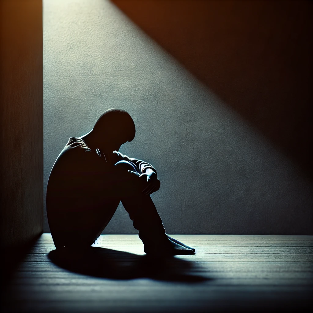 DALL·E 2025 03 29 19.46.10 – A Symbolic Representation Of The Topic Of Sexual Abuse, Showing A Dark, Somber Setting With A Silhouette Of A Person Sitting Alone In A Corner, Huggin